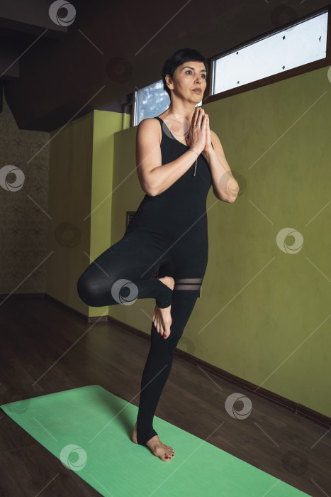 Скачать Женщина средних лет, практикующая йогу, выполняющая упражнение врикшасана с намасте, поза дерева, тренирующаяся в спортивной одежде, стоящая на коврике в студии фотосток Ozero