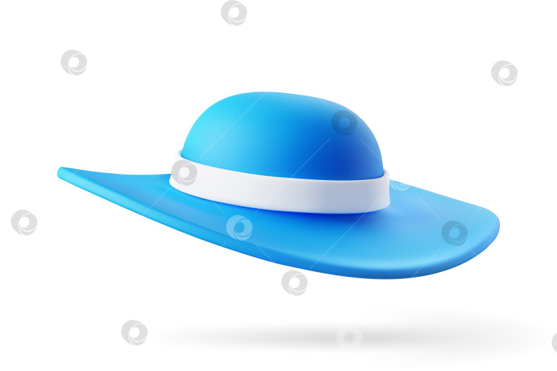 Скачать 3D Элегантная синяя летняя женская шляпа с белой лентой и широкими полями. Мультяшный элемент дизайна для рекламы путешествий и туризма. Векторная иллюстрация 3D рендера. фотосток Ozero