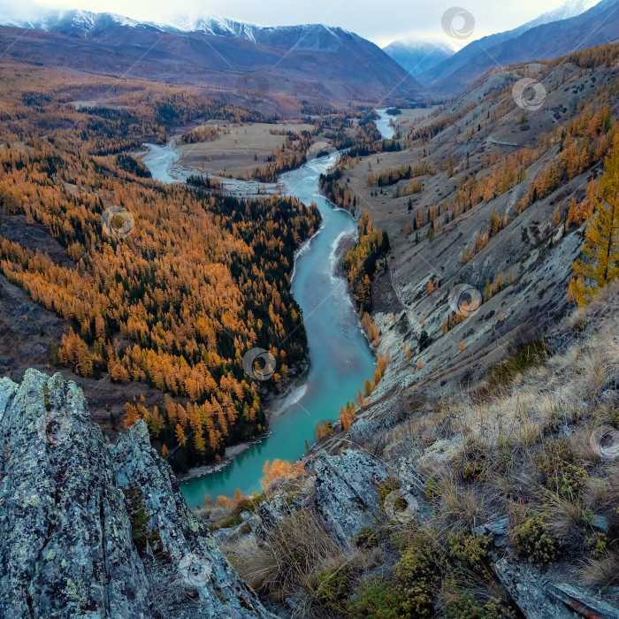 Скачать Горный Алтай осенью, сумерки, река Аргут. Красивый осенний пейзаж, долина, горы, река, осенние деревья. фотосток Ozero