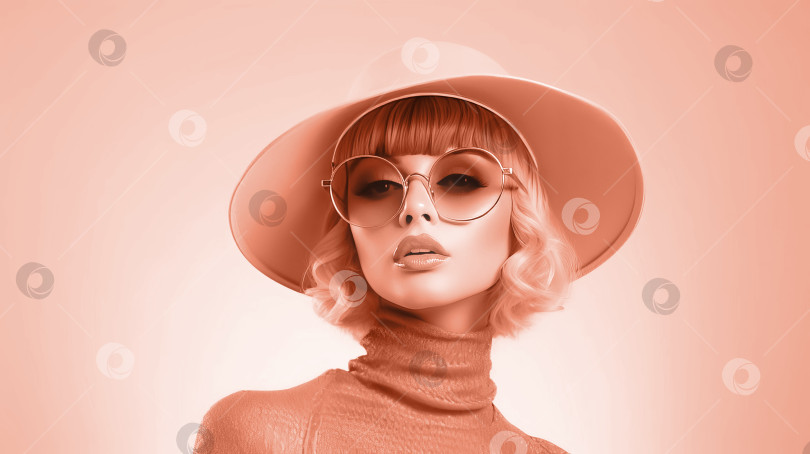 Скачать Молодая женщина в розовой шляпе и солнцезащитных очках на розовом фоне, цвет 2024 года. Сгенерирован искусственным интеллектом. фотосток Ozero