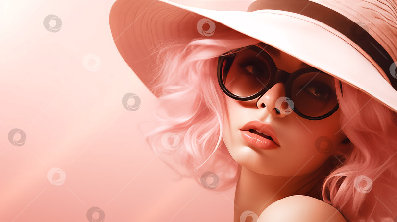 Скачать Женщина в соломенной шляпе и солнцезащитных очках, цвет 2024 года. Сгенерирован искусственным интеллектом. фотосток Ozero