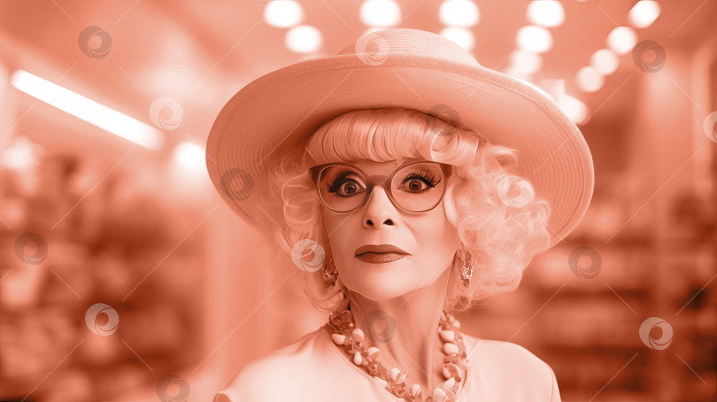 Скачать Привлекательная зрелая женщина в розовой шляпе и очках, цвет 2024 года. Сгенерирован ИИ. фотосток Ozero