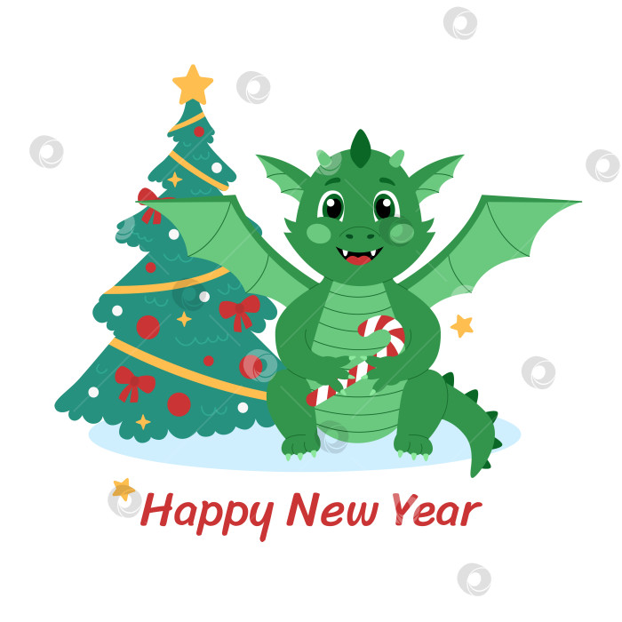 Скачать Милый зеленый дракон с леденцовой тростью и рождественской елкой. Персонаж мультфильма на Новый год. Векторная иллюстрация для поздравительной открытки, плаката или баннера фотосток Ozero