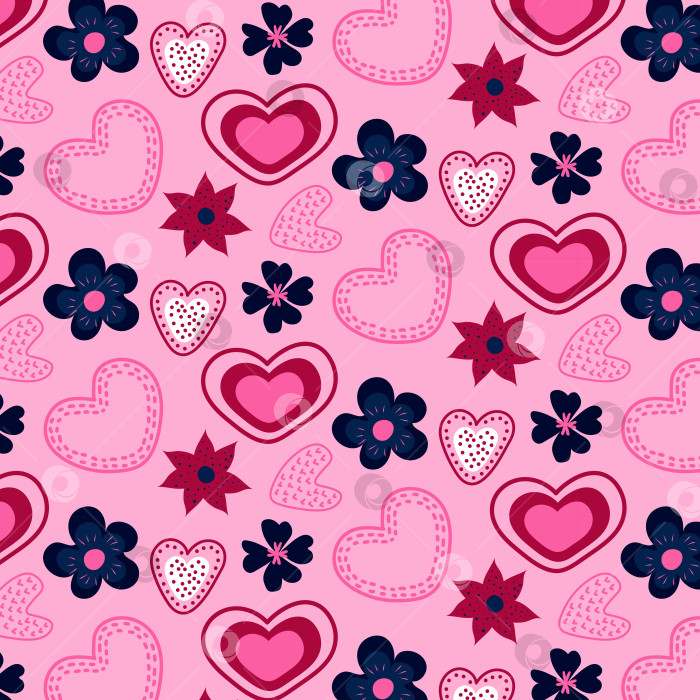 Скачать Бесшовный узор с сердечками и цветами в розовых и голубых тонах. Красивый векторный дизайн ко Дню Святого Валентина. фотосток Ozero