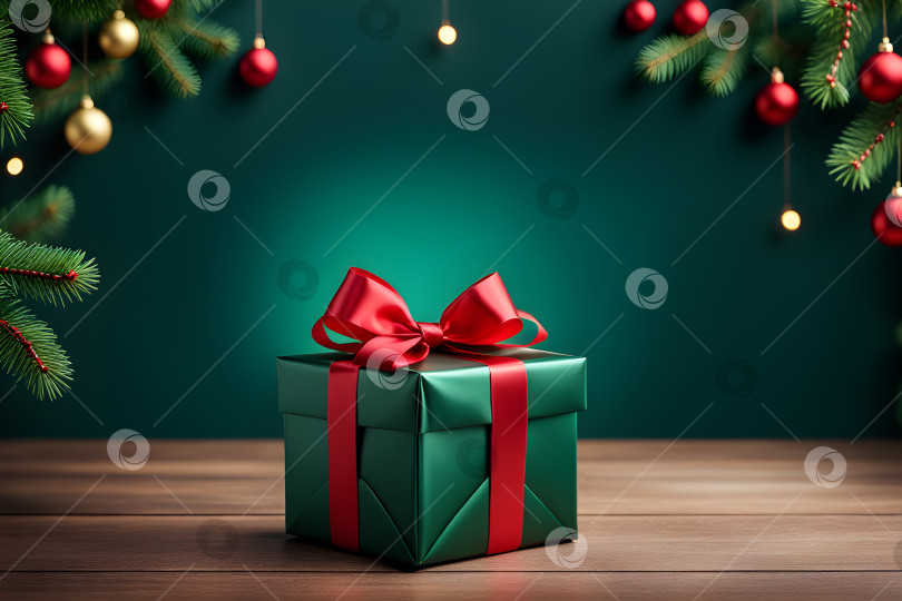 Скачать зеленый подарок с красным бантом на праздничном рождественском фоне с эффектом боке фотосток Ozero