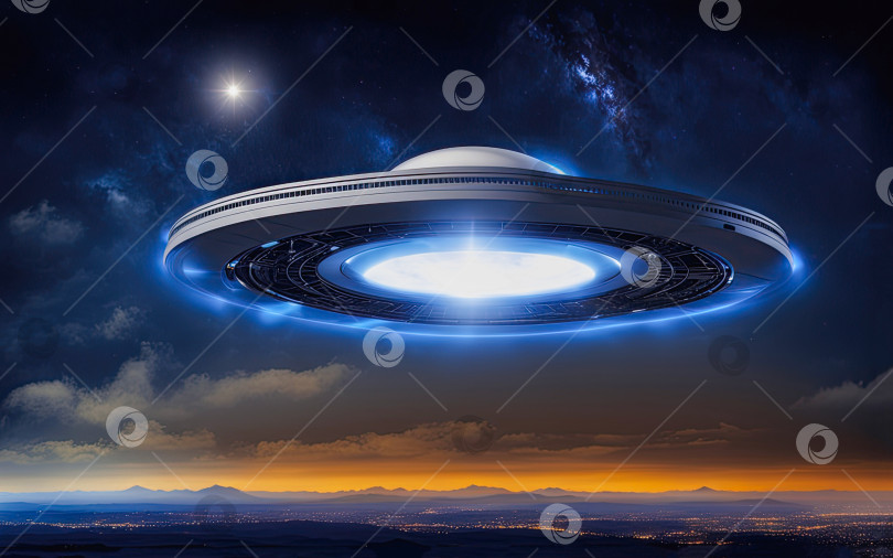 Скачать НЛО инопланетная тарелка, парящая над полем, неподвижно зависший в воздухе неопознанный летающий объект, инопланетное вторжение, внеземная жизнь, космические путешествия, гуманоидный космический корабль, игровая площадка смешанной среды с искусственным интеллектом фотосток Ozero