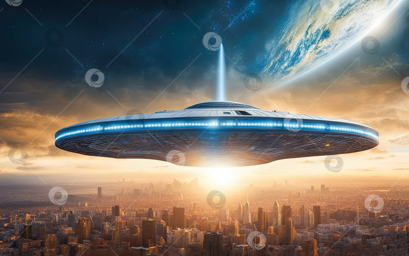 Скачать НЛО инопланетная тарелка, парящая над полем, неподвижно зависший в воздухе неопознанный летающий объект, инопланетное вторжение, внеземная жизнь, космические путешествия, гуманоидный космический корабль, игровая площадка смешанной среды с искусственным интеллектом фотосток Ozero
