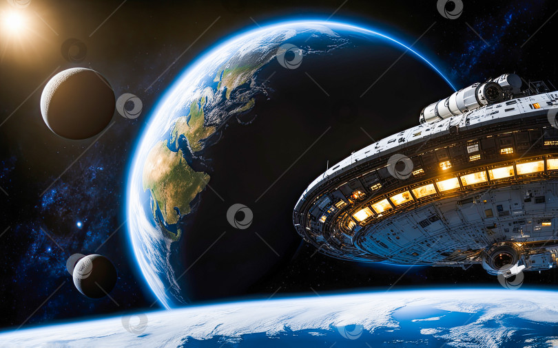 Скачать Космический корабль в космосе, со свечением и огнями, фантастическое фото, красивые планеты, планета Земля, планета солнце. Глубокий космос, солнечная система фотосток Ozero