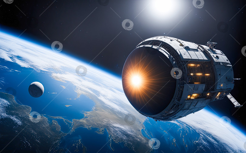 Скачать Космический корабль в космосе, со свечением и огнями, фантастическое фото, красивые планеты, планета Земля, планета солнце. Глубокий космос, солнечная система фотосток Ozero