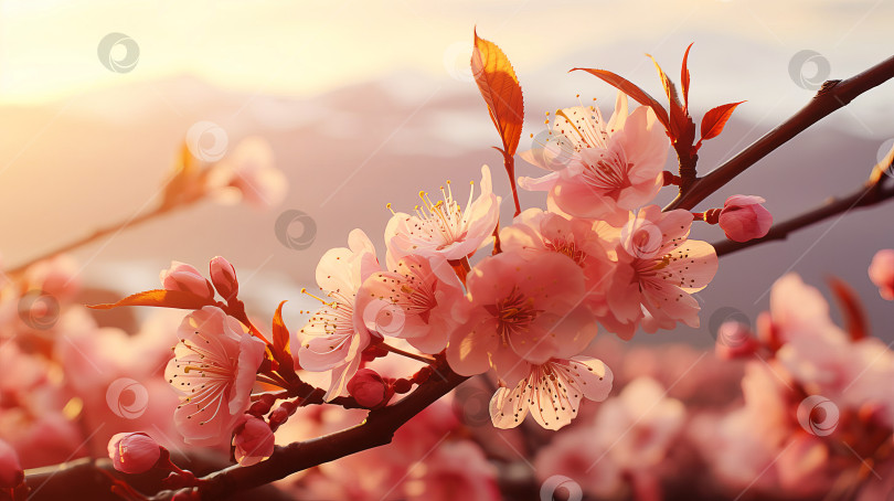 Скачать Крупный план цветов сакуры на ветке дерева во время утреннего восхода солнца, цвет 2024 года. Сгенерирован искусственный интеллект. фотосток Ozero