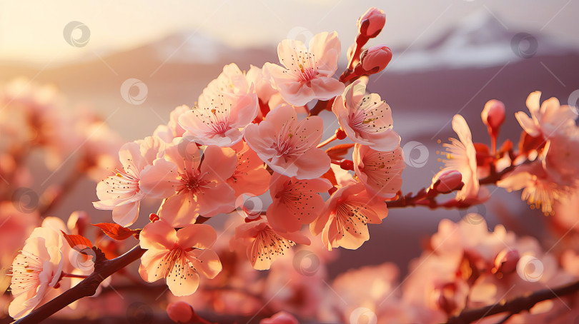 Скачать Крупный план цветов сакуры на ветке дерева во время утреннего восхода солнца, цвет 2024 года. Сгенерирован искусственный интеллект. фотосток Ozero