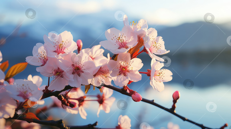 Скачать Крупный план цветов сакуры на ветке дерева во время утреннего восхода солнца. Сгенерирован искусственный интеллект. фотосток Ozero