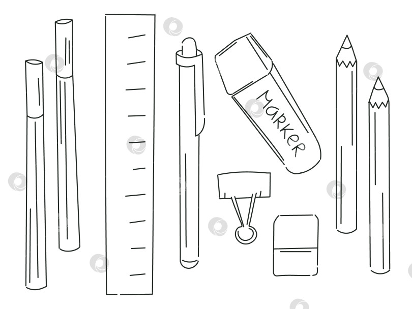 Скачать Набор эскизов канцелярских принадлежностей - ручки, линейка, карандаши. Скрепка, ластик и маркер. Школьные канцелярские принадлежности фотосток Ozero