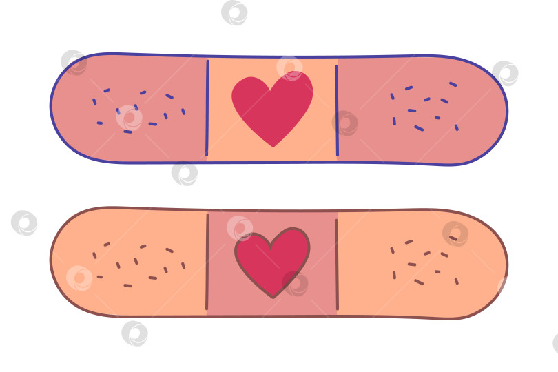 Скачать Набор пластыря с сердечком. Лечи с любовью. Заплаты. Быстрая помощь. Лейкопластырь. Концептуальный уход. Стиль каракулей. Изолированный медицинский фотосток Ozero