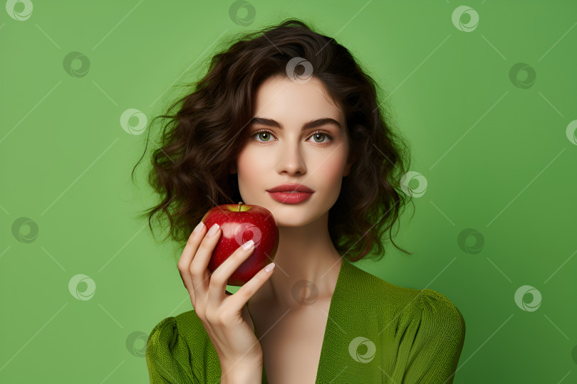 Скачать Европейская женщина в зеленом платье с темными волосами держит в руке красное спелое яблоко, зеленый фон фотосток Ozero