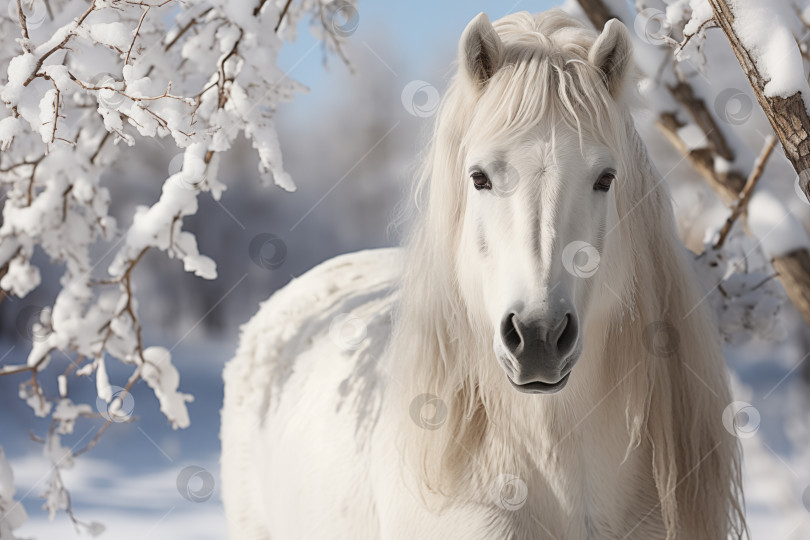 Скачать белая лошадь в зимнем снежном пейзаже фотосток Ozero