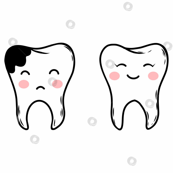 Скачать Два симпатичных зуба. Кариес. Векторная иллюстрация каракулями на тему стоматологии. фотосток Ozero