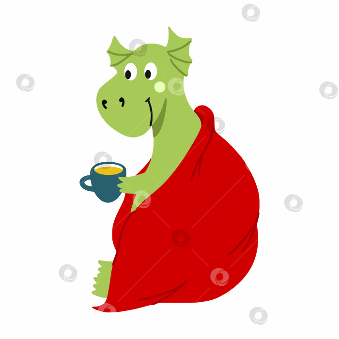 Скачать Забавный дракон в пледе и с чашкой чая.  символ нового 2024 года. Наклейка для открытки. фотосток Ozero