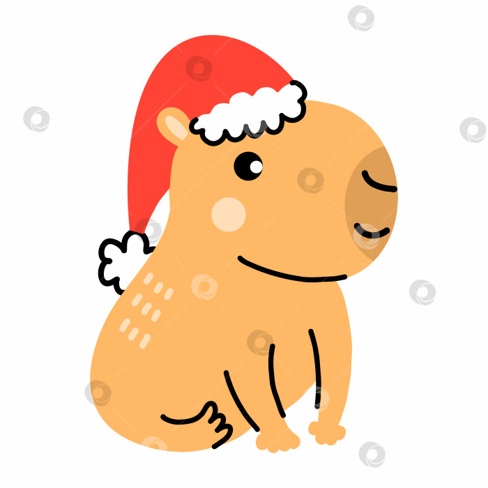 Скачать Симпатичная капибара в шляпе Санта-Клауса. Векторная иллюстрация в каракулях. Наклейка на Рождество или Новый год. фотосток Ozero