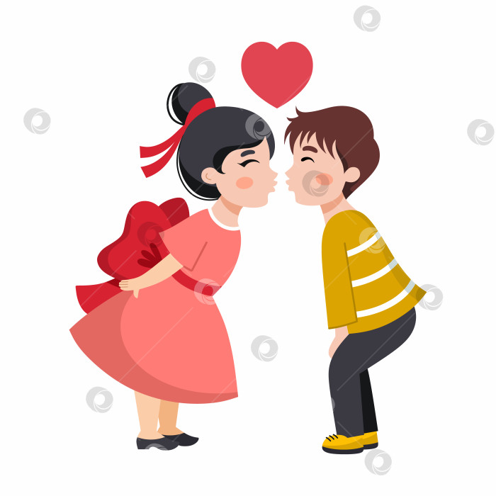 Скачать Мальчик целует девочку. Милая иллюстрация с влюбленными персонажами. Поздравительная открытка на День Святого Валентина. 14 февраля. фотосток Ozero