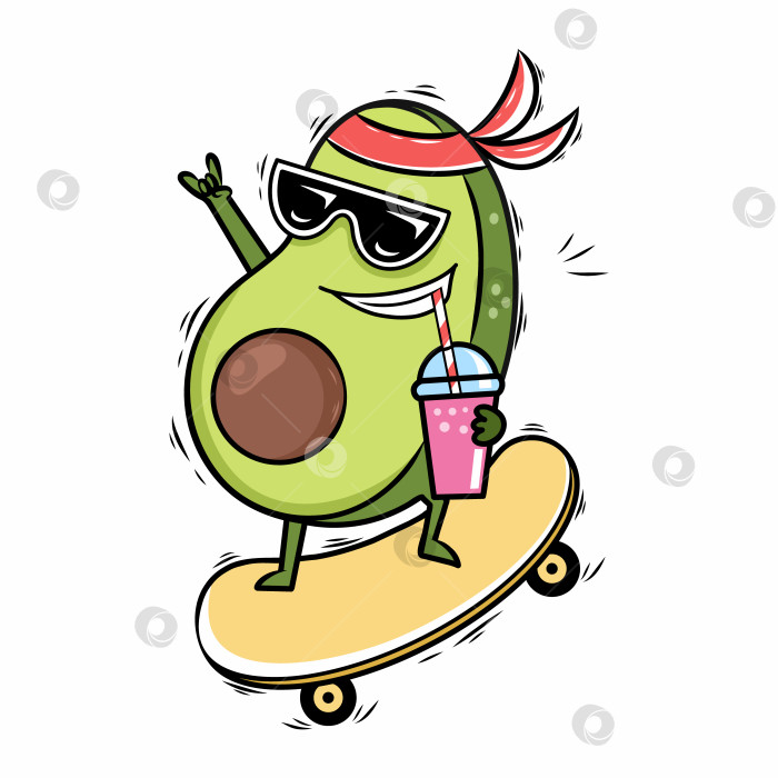 Скачать Крутой авокадо катается на скейтборде и пьет коктейль через соломинку. Забавная летняя иллюстрация в стиле каракули. фотосток Ozero