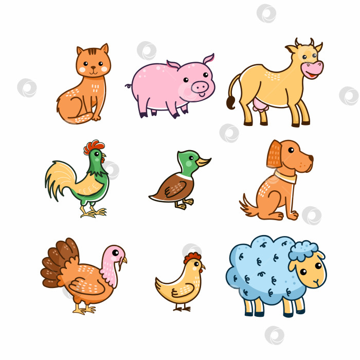 Скачать Домашние животные на ферме. Набор иллюстраций для детей в мультяшном стиле. фотосток Ozero
