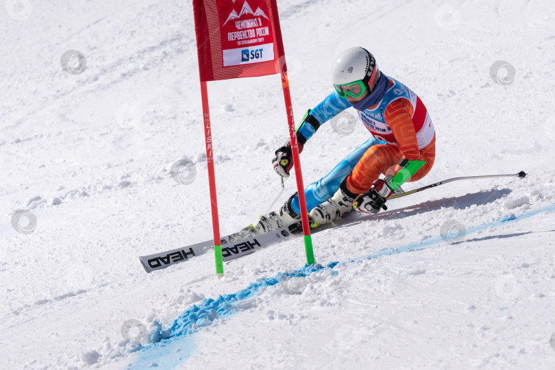 Скачать Горнолыжник спускается по горному склону. Чемпионат России по горнолыжному спорту, гигантский слалом фотосток Ozero
