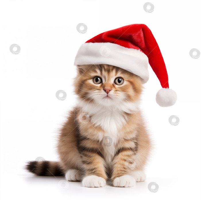 Скачать котенок, сидящий на белом фоне в рождественской шапочке фотосток Ozero
