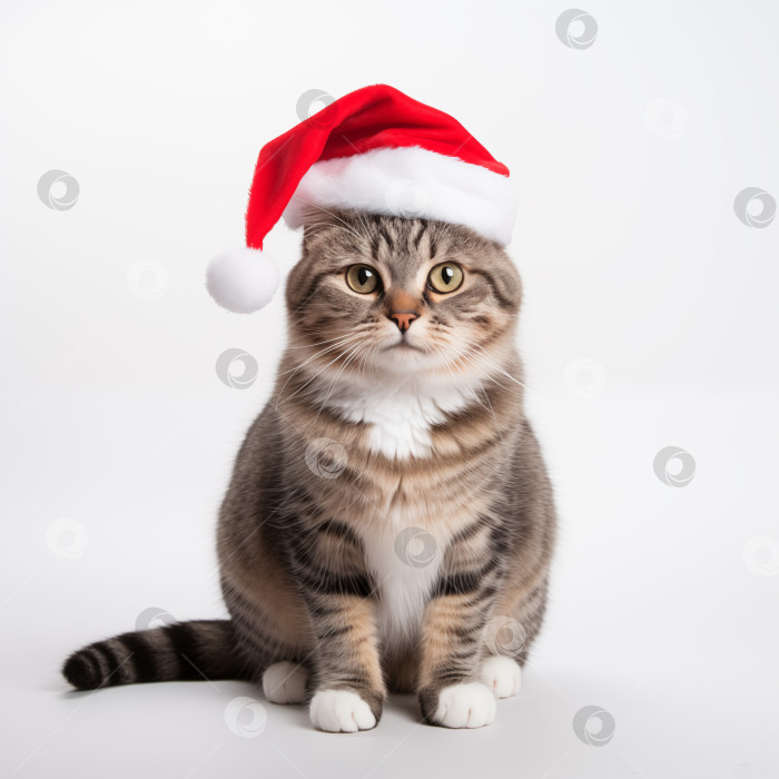 Скачать кот, сидящий на белом фоне в рождественской шляпе фотосток Ozero