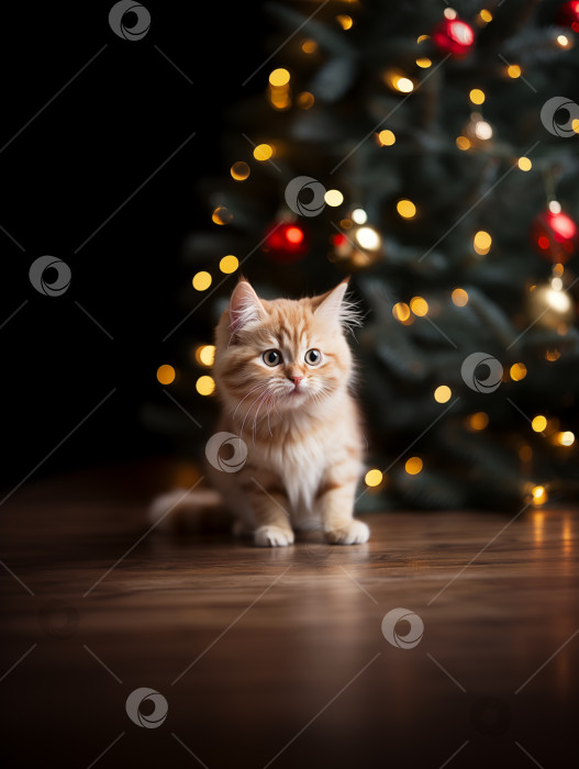 Скачать котенок, сидящий перед рождественской елкой фотосток Ozero