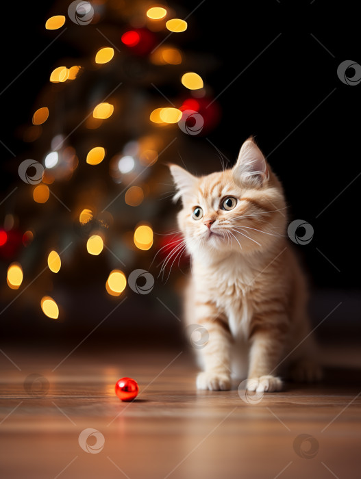 Скачать котенок, сидящий перед рождественской елкой фотосток Ozero