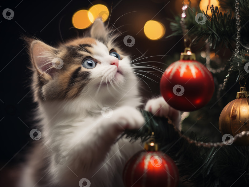 Скачать котенок играет с игрушкой с рождественской елки фотосток Ozero