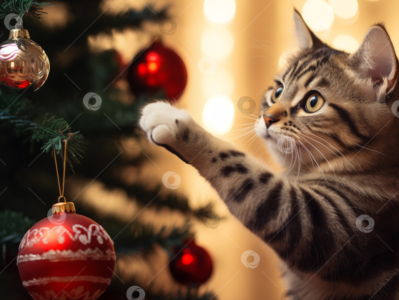 Скачать кошка играет с игрушкой с рождественской елки фотосток Ozero