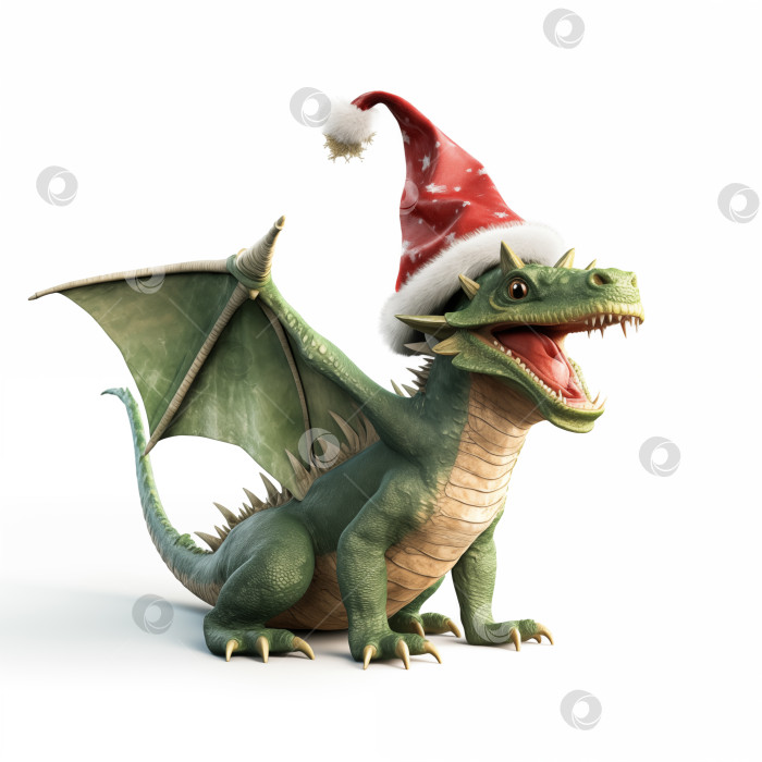 Скачать симпатичный зеленый дракон с крыльями и рождественской шляпой фотосток Ozero
