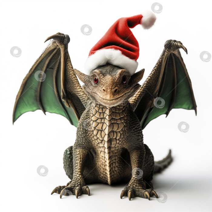 Скачать симпатичный зеленый дракон с крыльями и рождественской шляпой фотосток Ozero
