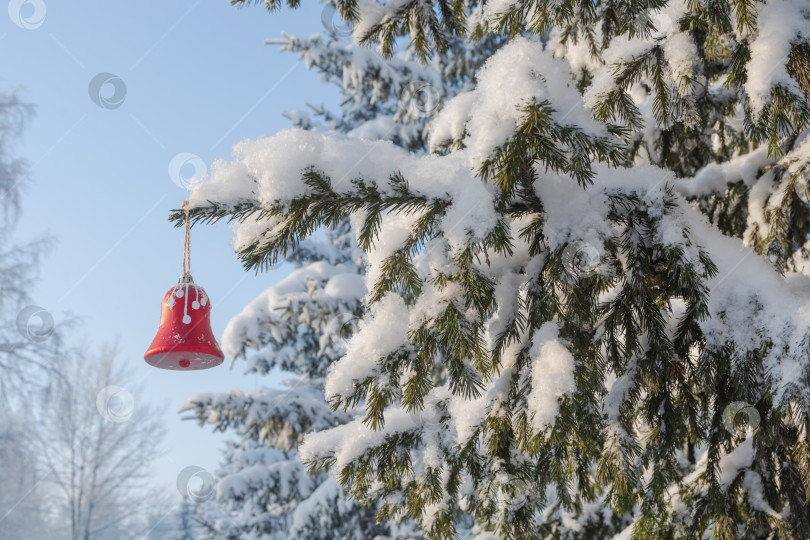Скачать Красный елочный игрушечный колокольчик висит на заснеженной еловой ветке в лесу после сильного снегопада. Снег покрывает сосну в лесу. Красивый зимний пейзаж. Снежная сказка. фотосток Ozero
