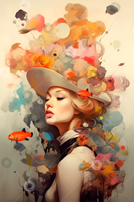 Скачать Сюрреалистический портрет женщины в шляпе. Мазки краски, рыба. Женственность, психическое здоровье фотосток Ozero