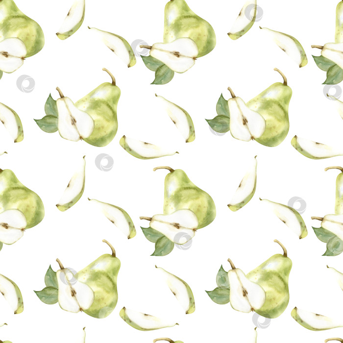 Скачать Акварельный бесшовный узор из зеленых груш. Летний фруктовый фон для текстиля, упаковки, дизайна декора. Груша и дольки с зелеными листьями для кухни, украшения обоев фотосток Ozero