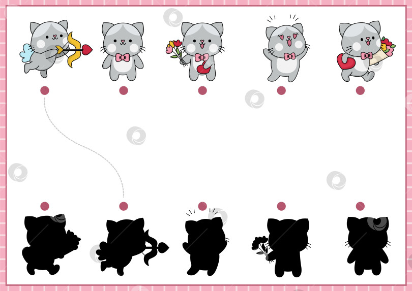 Скачать Задание по подбору теней на день Святого Валентина с кошками. Головоломка "Праздник любви" с изображением кавайных животных. Найдите правильный лист для печати силуэтов. Милая страничка для детей с кошечками фотосток Ozero