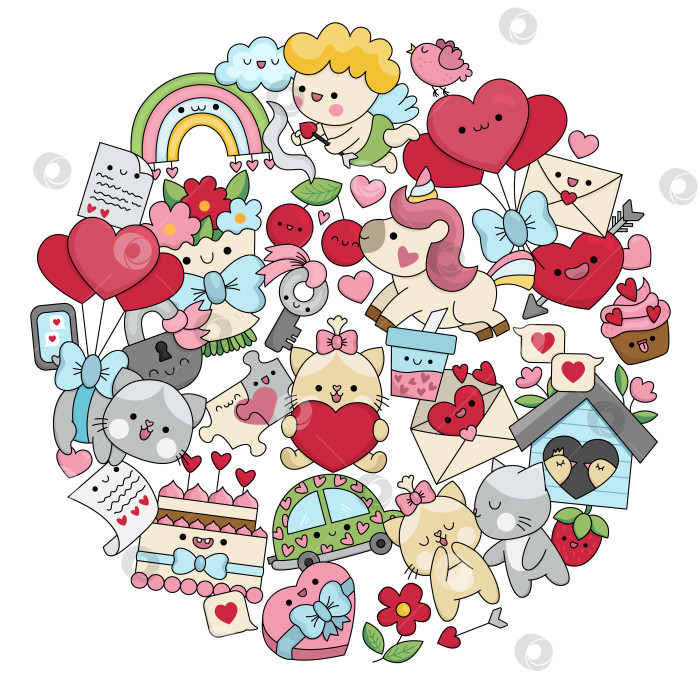 Скачать Векторная круглая рамка Святого Валентина для детей с персонажами каваи. Иллюстрация праздника любви с забавным купидоном, единорогом, кошками, сердечками, цветами, обрамленными по кругу. Набор милых романтических элементов фотосток Ozero