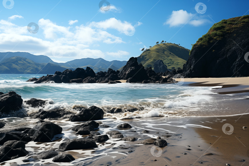 Скачать дикий пляж гористого тропического острова с черными скалами в полосе прибоя фотосток Ozero