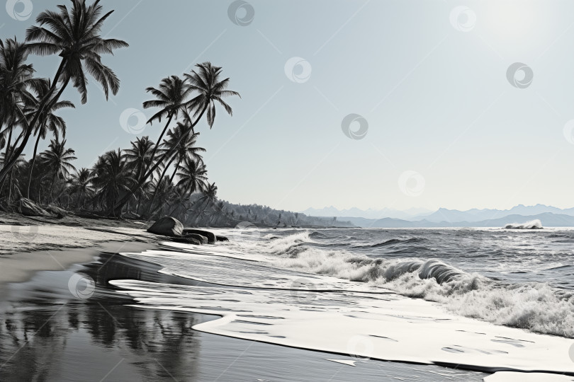 Скачать прибрежный пейзаж, тропический пляж с пальмами и вулканическим черным песком в пасмурный ветреный день фотосток Ozero