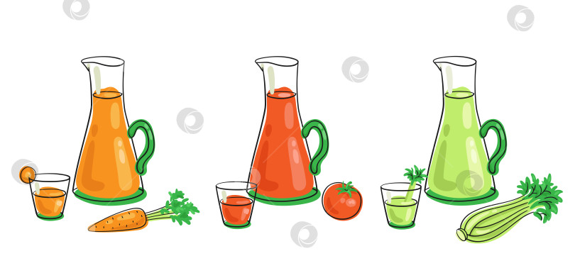 Скачать Набор из трех овощных соков для здорового питания. Томатный, морковный и сельдерейный. фотосток Ozero