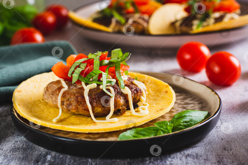 Скачать Выложите тако-бургер с говяжьей котлетой, помидорами и зеленью на тарелку фотосток Ozero