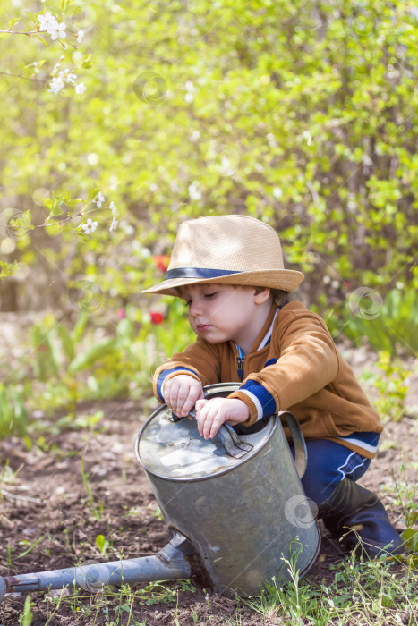 Скачать Симпатичный маленький мальчик в шапочке и резиновых сапогах поливает растения из лейки в саду. Очаровательный малыш помогает своим родителям выращивать овощи. фотосток Ozero