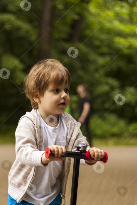 Скачать Дошкольник мчится на самокате по парку. Малыш в парке в солнечную погоду. Мальчик весело гуляет по парку фотосток Ozero