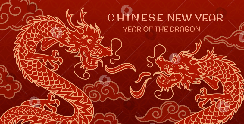 Скачать Китайские драконы, сражающиеся в облаках. Новый год деревянного дракона. Баннер с золотым старинным рисунком в азиатском стиле. Яркий горизонтальный векторный баннер. Винтажный шрифт. для плаката, флаера. фотосток Ozero