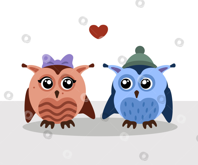 Скачать Иллюстрация с двумя милыми маленькими совами, девочкой и мальчиком с сердечком на простом светлом фоне фотосток Ozero