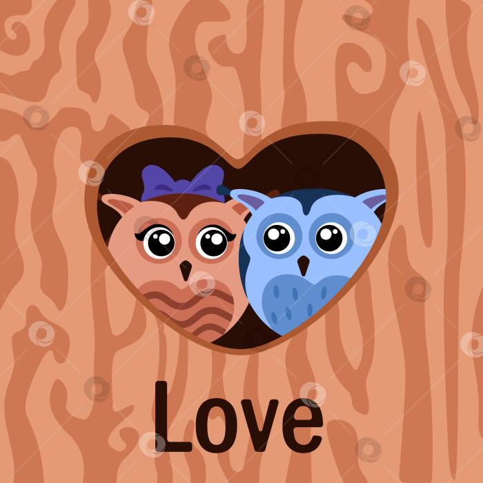 Скачать Иллюстрация с парой сов в углублении в форме сердца с надписью love фотосток Ozero