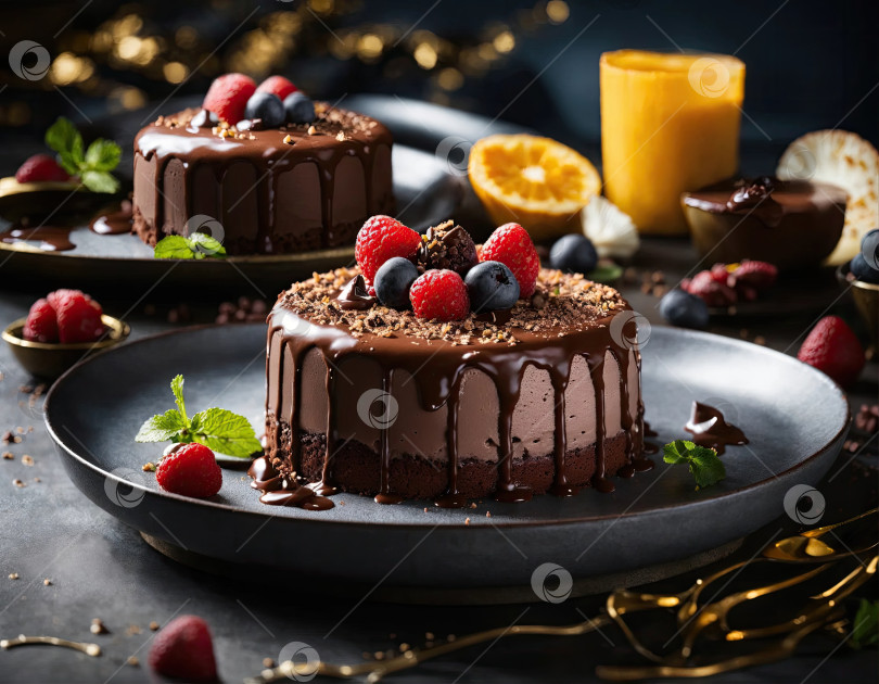 Скачать Муссовый торт украшен шоколадной зеркальной глазурью. Современный десерт фотосток Ozero